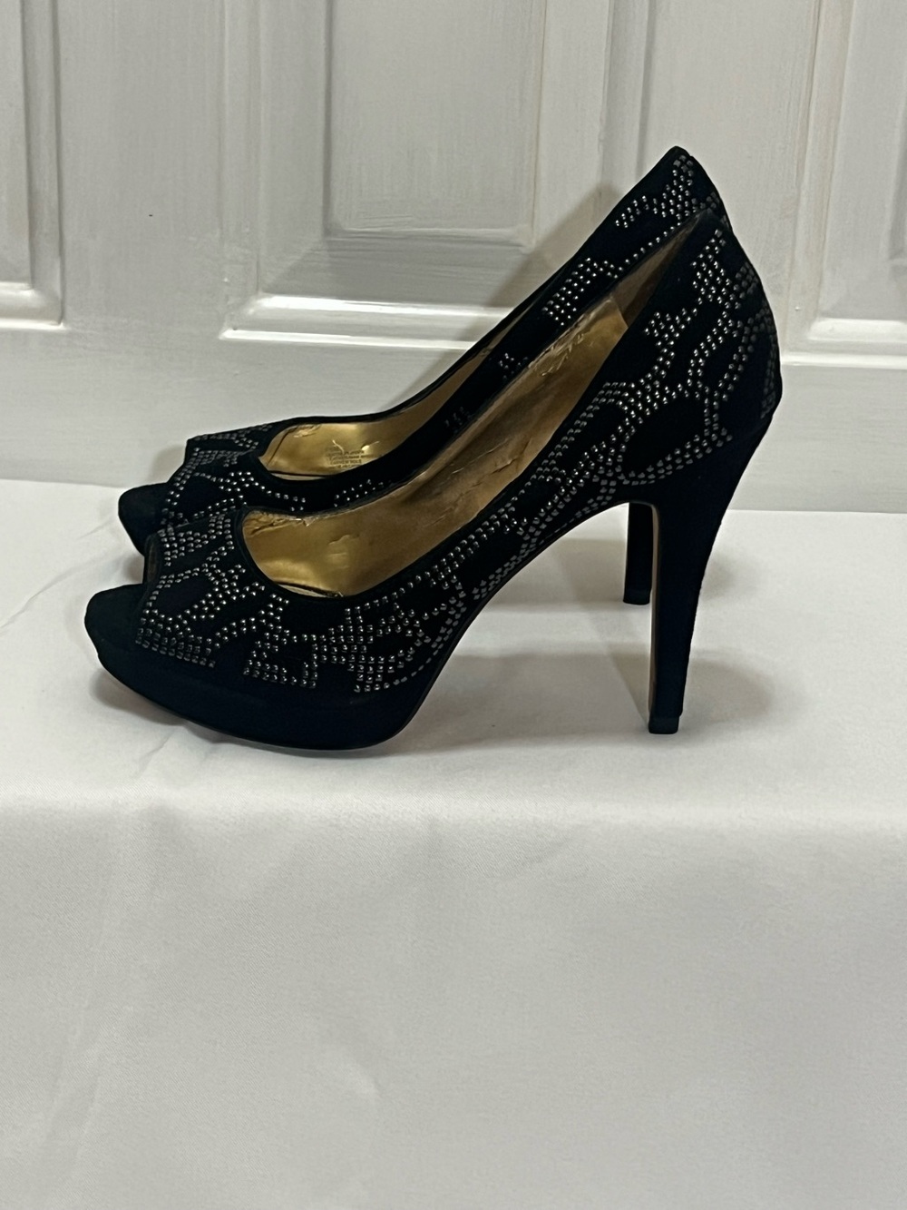 ANTONIO MELANI Black Peep Toe Rhinestone Platform Pumps Size 7 1/2